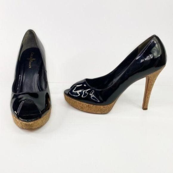 COLE HAAN Black Patent Leather Cork Platform Peep‎ Toe Heels 9 - Picture 1 of 11